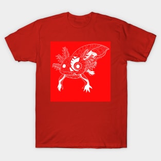 magical kawaii cartoon doodle of axolotl ajolote in mexican stream art in red T-Shirt